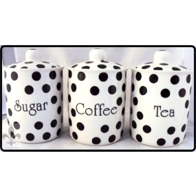 Image of Black Spots Tea Coffee Sugar Canisters Fine Bone China Storage Jars Hand Decorated in The U.K. Free Delivery