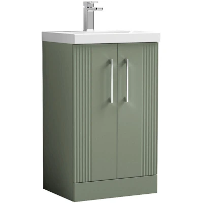 Image of nuie DPF823A Deco Modern Bathroom Floor Standing 2 Door Part Fluted Vanity Unit with Mid Edge Ceramic Basin, Satin Green