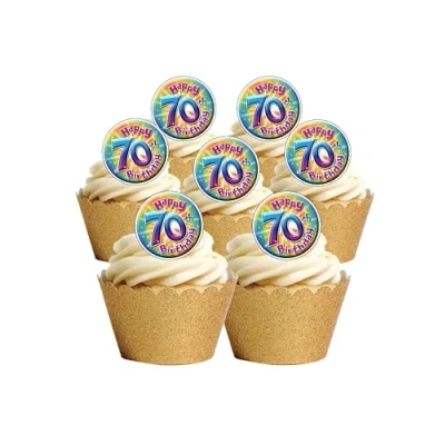Image of 24 Precut Age 70 Seventieth Seventy 70th Birthday Edible Wafer Paper Cake Toppers Decorations