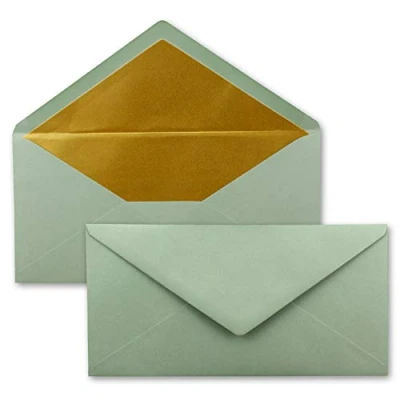 Image of 15 envelopes DIN long Eucalyptus (green) with gold metallic inner lining 110 x 220 mm wet glue festive for Christmas