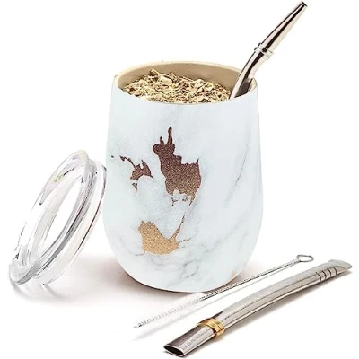 Image of balibetov Modern Mate Cup and Bombilla Set (Yerba Cup) Yerba Includes Double Walled 18/8 Stainless Steel Tea Cup, Two (Straw) a Cleaning Brush