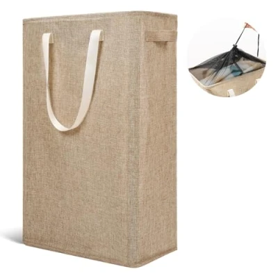 Image of Odonata Slim Laundry Hamper Handles Collapsible Basket Thin Dirty Clothes Narrow Bag Foldable 45L (Light Khaki)