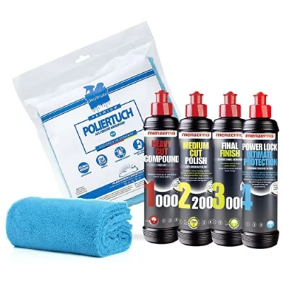Image of detailmate Car Polish Set Menzerna Super Heavy Cut Compound HC1000 + Medium 2500 Final Finish FF3000 Liquid Carnauba Wax 4 Premium Pads 4x Microfibre Polishing Cloth