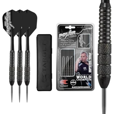 Image of TARGET Darts Phil Taylor Power Storm Black, 22G Brass Steel Tip Set Player Edition with Storage Case, Beginner Dart Sets, Kit