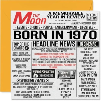 Image of 54th Birthday Cards for Men Women Born In 1970 Newspaper Happy 54 Card Mum Dad Uncle Aunt Vintage Retro Back 1970, 145mm x Fifty Four Fourth Bday Greeting