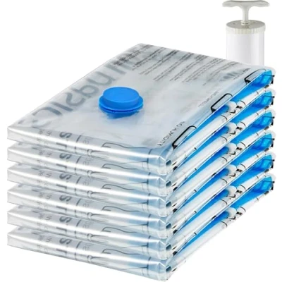 Image of Amazon Basics Vacuum Compression Zipper Storage Bags with Airtight Valve and Hand Pump, Jumbo, 6 Pack, Clear