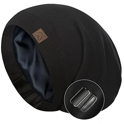Image of Hat Hut Silk Satin Sleep Cap Bonnet Hair Cover for Sleeping Lined Beanie Natural Curly Adjustable Night (Black)