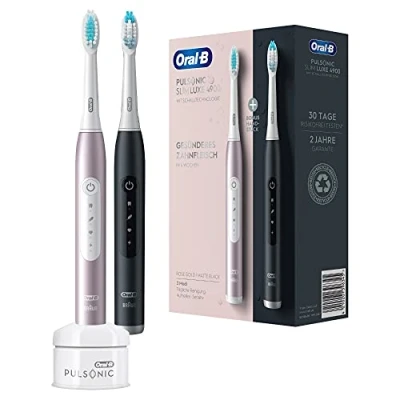 Image of Oral B Pulsonic Slim Luxe 4900 Twin Pack Electric Sonic Toothbrush for Healthier Gums in 4 Weeks, 3 Cleaning Programmes Including Sensitive, Timer, 2 Replacement Brushes, Black/Rose Gold