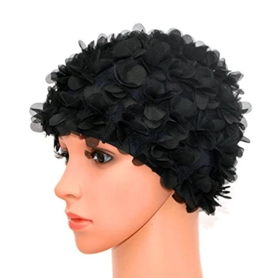 Image of Medifier Lace Vintage Swim cap Floral Petal Retro Style Bathing Caps for Women Black