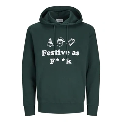 Image of JACK &amp; JONES Men&#039;s Jjxmas One Colour Funny Sweat Hood Sweatshirt, Scarab, L
