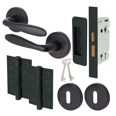 Image of EAI Black Key Lock Door Handle Set Round Internal Handles, Sash Lock, Hinges (76mm) &amp; 2 Escutcheons Matt Black…