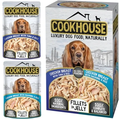 Image of COOKHOUSE 100% Natural &amp; Complete Luxury Wet Dog Food 36 x 100g Pouches Chicken Breast with Tuna Rice/Chicken Mackerel Rice Fillets in Jelly