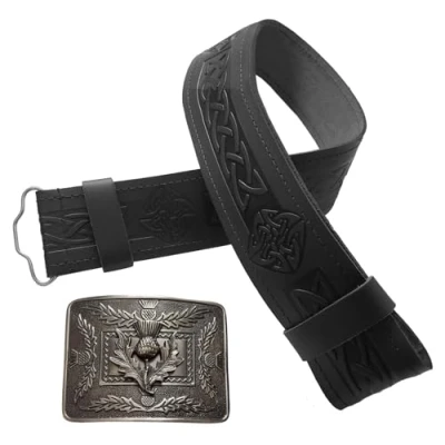 Image of STITCHIFY Traditional Scottish Leather Kilt Belt and Antique Thistle Buckle Size 42 48
