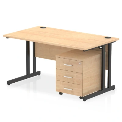 Image of Impulse 1400x800 Desk Maple/Black Cantilever Leg 3 Drawer Mobile Ped
