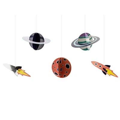 Image of PartyDeco Pack of 5 Rockets and Planets Pendants for Party, Space Adventure Theme, Cardboard, Multicoloured, One Size