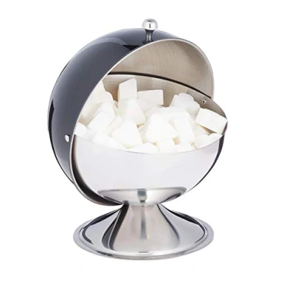Image of Relaxdays Sugar Bowl, with Rolling Lid, Shiny Stainless Steel, Sweets, Candy Holder, Decorative, Tin Container, Black, 16 x 13 14.5 cm