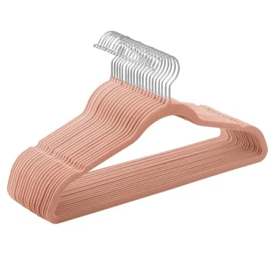 Image of SONGMICS Set of 20 Velvet Hangers, 41.5 cm Wide, Space Saving, High Load Capacity, with 360 Swivel Hooks, for Coats Shirts Suits, Silver and Light Pink CRF026R20