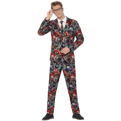 Image of Smiffys Evil Clown Suit, Multi Coloured with Jacket, Trousers &amp; Tie, Stand Out Suits Fancy Dress, Dress Up Costumes