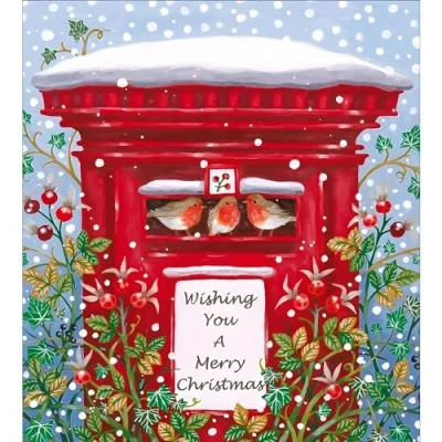 Image of Charity Christmas Cards Supporting Age UK, British Heart Foundation, Marie Curie and Mind Pack of 5 Robins Snowy Post Box Made in the UK Eco Friendly
