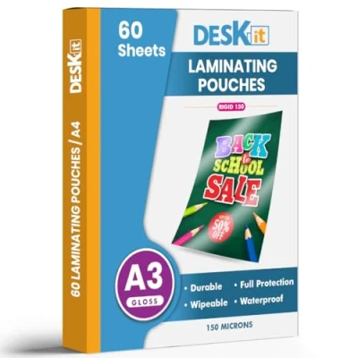 Image of Deskit A3 Laminating Pouches, Glossy, 60 Sheets, 150 Microns Clear and Durable Presentations Ideal Rigidity for Everyday Use