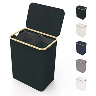 Image of Lonbet Black Laundry Hamper with Lid Basket XXL 150 L Hampers for Bags Handles Clothes Bedrooms and Bamboo Bathroom Bin
