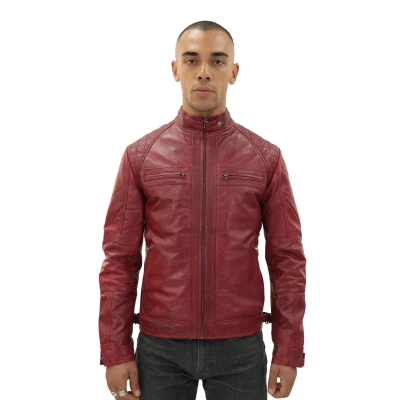 Image of Men&#039;s Red Vintage Retro Quilted Real Nappa Leather Jacket 3XL