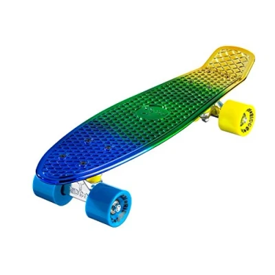 Image of Ridge Skateboards Rainbow Neochrome 27&quot; Mini Cruiser Complete Nickel board UK Manufactured Metallic Fades Yellow Pink Blue
