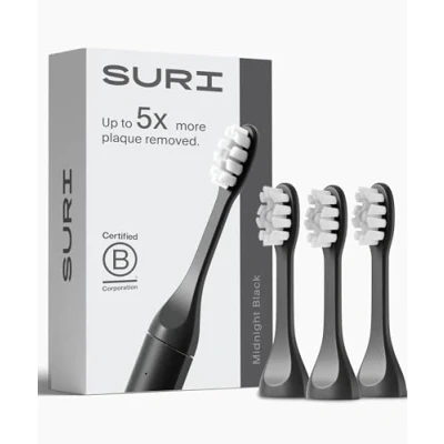 Image of SURI Recyclable Plant Based, Electric Toothbrush Heads Built in Tongue Scraper, Long Lasting Replacement Compatible Only with Sonic Midnight Black, Pack of 3