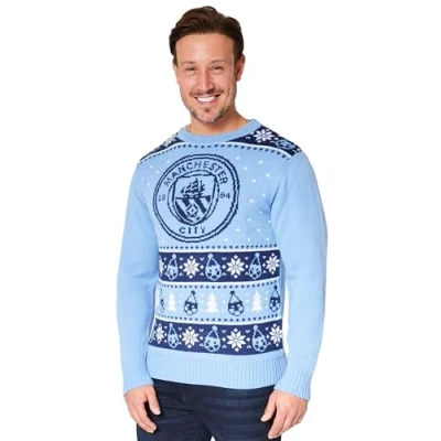 Image of Manchester City FC Christmas Jumpers for Men Teenagers Warm Cosy Football Xmas Jumper M 3XL Man Gifts (Blue, M)