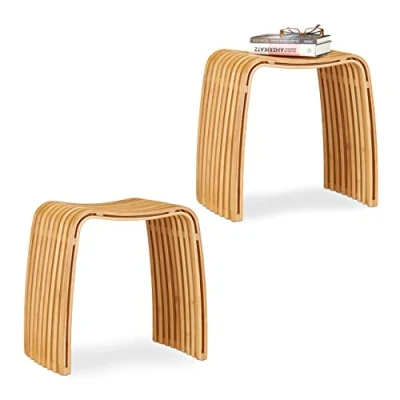 Image of Relaxdays 2 x Wardrobe Stools Made of Bamboo, Elegant Wooden Stool in Scandinavian Design, for Wardrobe, Natural