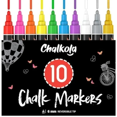 Image of Liquid Chalk Pens (10 Pack) with Gold &amp; Silver Bold Dry Erase Marker for Blackboard, Windows, Chalkboard Signs, Bistro 6mm Reversible Tip 50 Labels Included