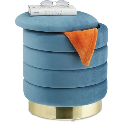 Image of Velvet Ottoman with Storage Space, Round, Elegant Upholstered Stool, HxØ: 43.5 x 39 cm, Corduroy, Petrol/Gold Relaxdays