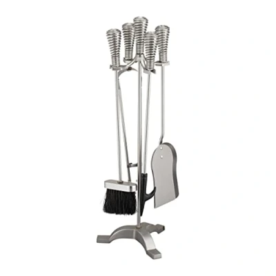 Image of Relaxdays Fireplace, 5 Piece Set, Poker, Ash Shovel, Broom, Tongs &amp; Stand, Antique Design, Steel, 64x22x20, Silver, 100%, 64x22x20 cm