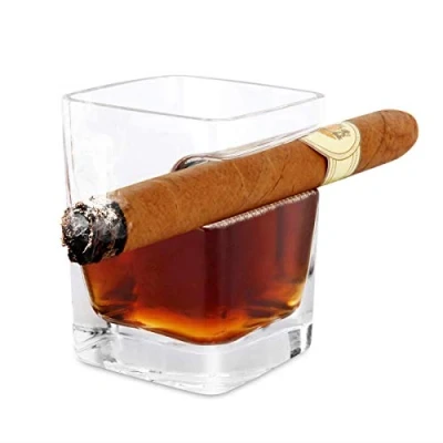 Image of iPawde 320ml Capacity Handcrafted Square Whiskey Glass with Cigar Holder, Old Fashioned Style Crystal Glass, Suitable for Whiskey, Scotch, Beer, Wine, Spirit