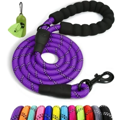 Image of Taglory Rope Dog Lead with Soft Padded Handle, 1.2 m Reflective and Multi Colour for Small Dogs, 1.0 cm, Purple