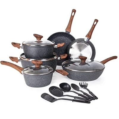 Image of Non Stick Pots and Pans Set Induction Hob 15pcs Kitchen Cookware with Lids Cooking Marble Saucepan by Nuovva