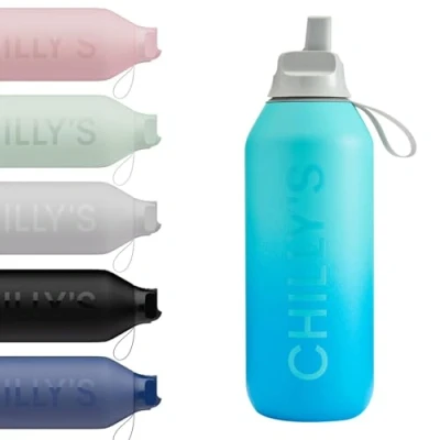 Image of Chilly&#039;s Series 2 Flip Water Bottle with Sports Lid, Telescopic Straw and Nylon Carry Loop Easy Cleaning Brush Included 500ml Ombre, Aurora