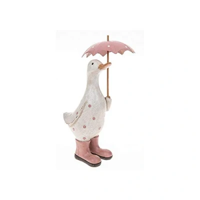 Image of Joe Davies Polka Dot Print Cute Shabby Chic Duck Ornament Figurine With Umbrella and Wellington Boots (Pink)