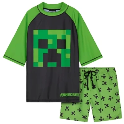 Image of Minecraft Boys 2 Piece Swimwear Set for Pool, Beach Holiday Essentials Gamer Gifts (9 10 Years, Green/Black)