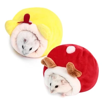 Image of SKHAOVS 2 Pieces Mini Hamster Bed,Cute Sleeping Nest, Winter Bag House,Hamster Cotton Nest,Pet Warm Wupplies for Small Pets Dwarf Hamsters Hedgehogs (Red Yellow)
