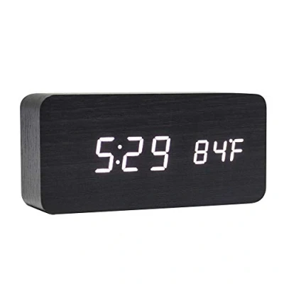 Image of Lancoon Wooden Digital Clock Multi function LED Alarm with Time/Date/Temperature Display and Voice Control for Home Office Travel AC11Black_White