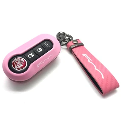 Image of Nordecco Glossy Key Fob Case Compatible with Fiat 500C 500 500L Abarth Grande Punto Brava Panda Stilo Linea (Pink Ring, Pink Case)