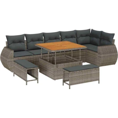 Image of vidaXL 9 Piece Garden Sofa Set with Cushions Grey Poly Rattan Acacia