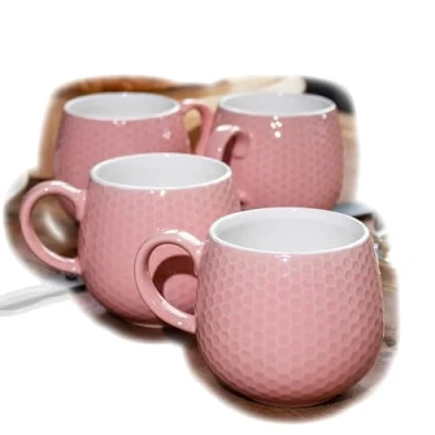 Image of Darthome Set of 4 Pink Honeycomb Mugs Stoneware 370ml Large Embossed Geometric Coffee Cup
