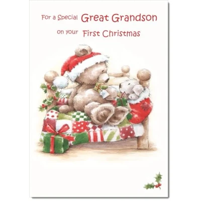 Image of doodlecards Great Grandsons First Christmas Card Cute Bear on Bed Medium Size with Plain Red Envelope, 21 x 15cm
