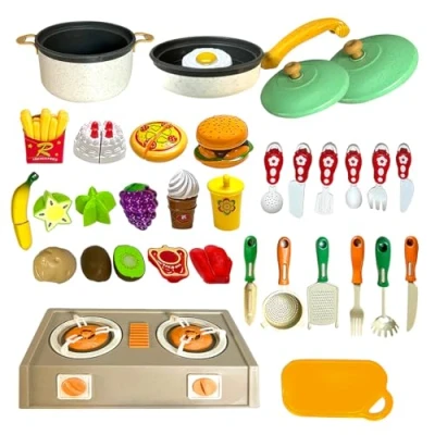 Image of Xwin Sportseries Kids Pretend Play Kitchen Food Set, Includes Stove, Utensils, Cutting Fruits, Vegetables, Fast Toys for Role Play, Educational Toy 3 and Up