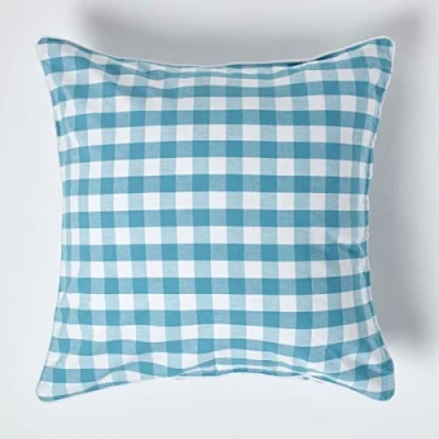 Image of HOMESCAPES Blue and White Gingham Cushion Cover 60 x cm (24 24) Block Check Pattern 100% Cotton Decorative Large Square