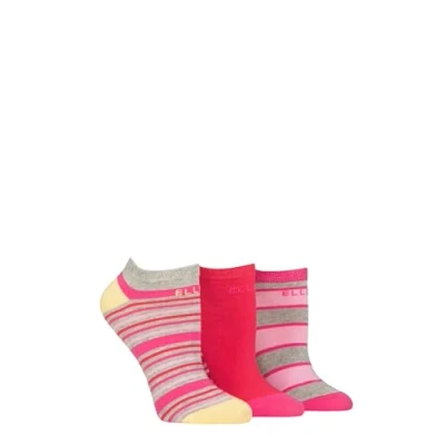 Image of Elle Ladies No Show Socks Soft Cotton in Plain, Stripe and Patterned Styles Multipack of 3 Size 4 8 (UK, Numeric, 4, 8, Regular, Cherry Fizz Striped)