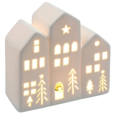 Image of Shudehill Giftware China White Christmas LED Light Up Warm Cosy House with Xmas Trees and Stars Home Decoration Small or Large Sizes (Triple)