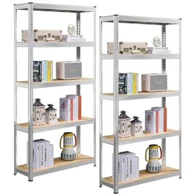 Image of JupiterJX Garage Shelving Units 5 Tier Heavy Duty, Set Of 2 Shed Storage Shelves, Boltless 875KG Capacity 175KG Per Shelf Metal Racking Unit (Galvanised, 180cm x 90cm 40cm)